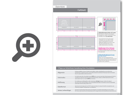 Product Bild faltblatt__gefalzt_auf_quadrat_10_5_cm_x_10_5_cm__6-seiter_(wickelfalz)__beidseitig_bedruckt_(4_4_farbig_+_1_sonderfarbe_hks)